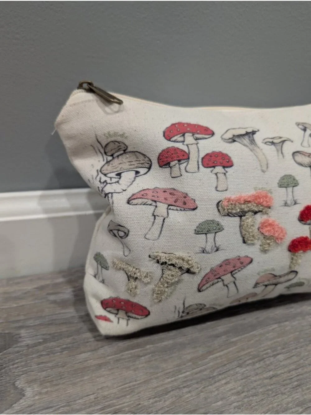 Canvas  Cosmetic Makeup Bag Vintage Botanical Mushroom Print Embroidered Detail